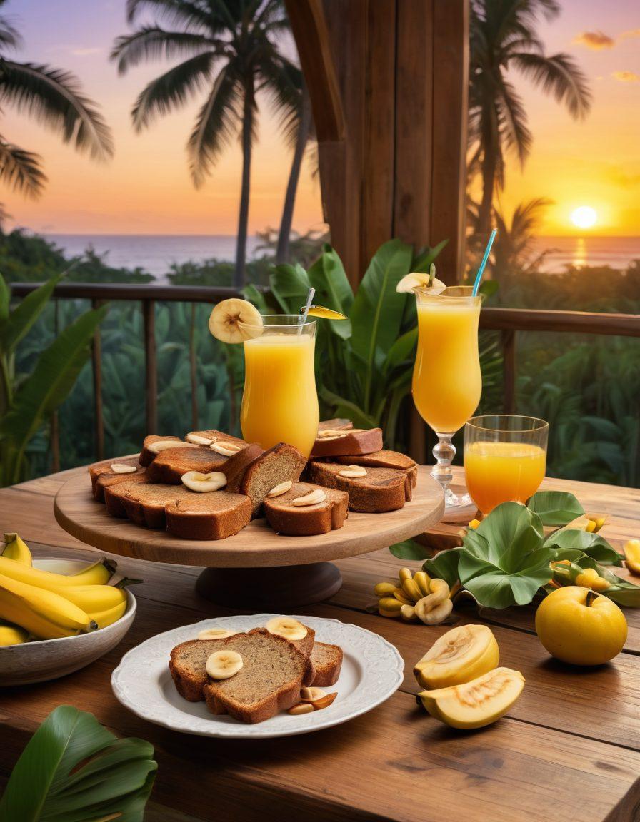A whimsical kitchen scene showcasing a variety of banana dishes, like banana bread and banana pancakes, alongside elegant brandy cocktails on a rustic wooden table. The background features lush banana trees and a vibrant sunset that adds warmth and depth. Include playful accents like a banana character and cocktail glasses with citrus garnishes. bright colors. illustrative. vibrant colors.