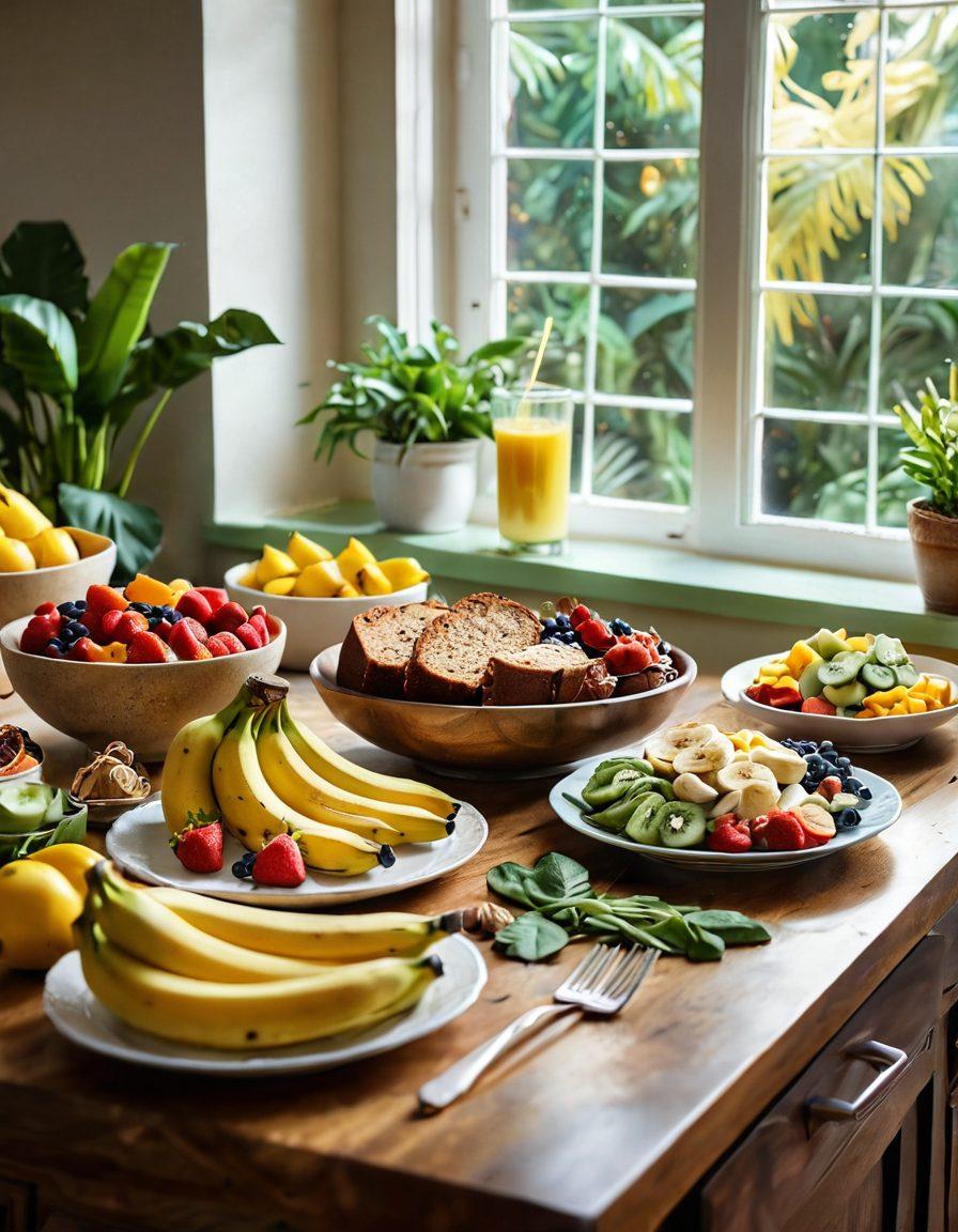 A vibrant kitchen setting showcasing an assortment of delicious banana-based dishes, including banana bread, smoothies, and a tropical fruit salad. Bright and inviting colors bring the scene to life, with bananas scattered artfully throughout the image. Sunlight filters through a window, highlighting the textures and flavors of the meals. Add hints of green from fresh herbs for contrast. super-realistic. vibrant colors. warm lighting.