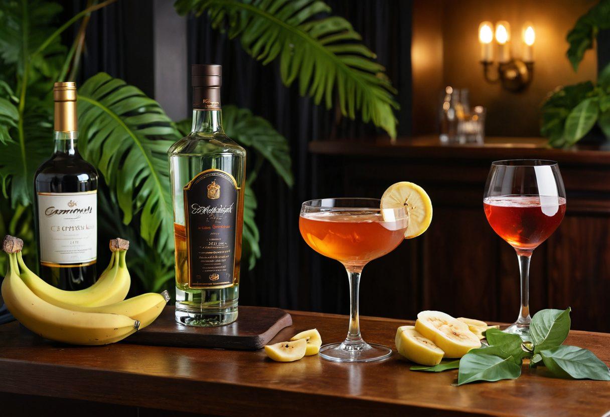 A captivating cocktail scene featuring a stylish glass of brandy mixed with vibrant banana slices, surrounded by elegant barware and lush green foliage. Include a backdrop of a well-lit, modern cocktail bar with a rainbow of fruits and a sparkling bottle of brandy. The atmosphere should exude a warm, inviting glow, hinting at indulgence and creativity. super-realistic. vibrant colors. warm ambiance.